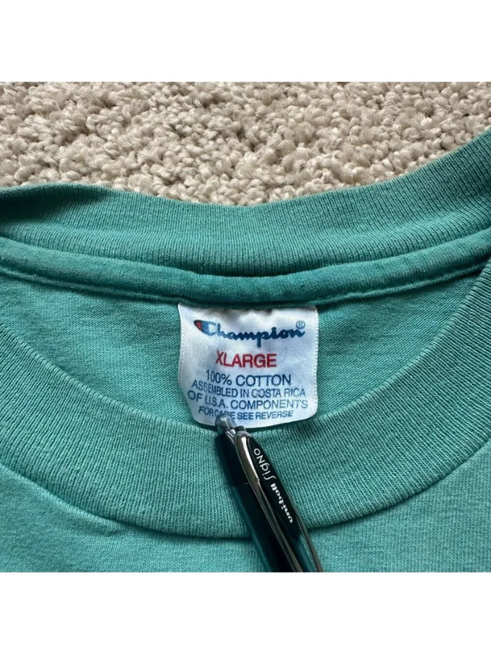 Vintage 90s Champion Logo Big Print T-Shirt Turquoise Blue XL Sporty Athletic - Picture 4 of 6